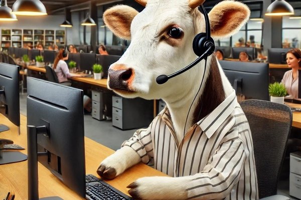 Ein KI-generiertes Bild einer Kuh, die in einem Call-Center arbeitet.