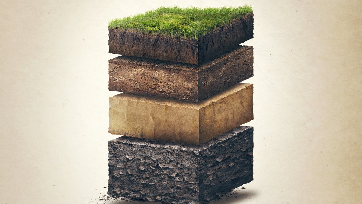 Ein Symbolbild verdeutlicht den Aufbau des Bodens und dessen verschiedene Schichten.