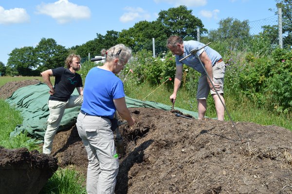 Drei Menschen arbeiten an einem Komposthaufen
