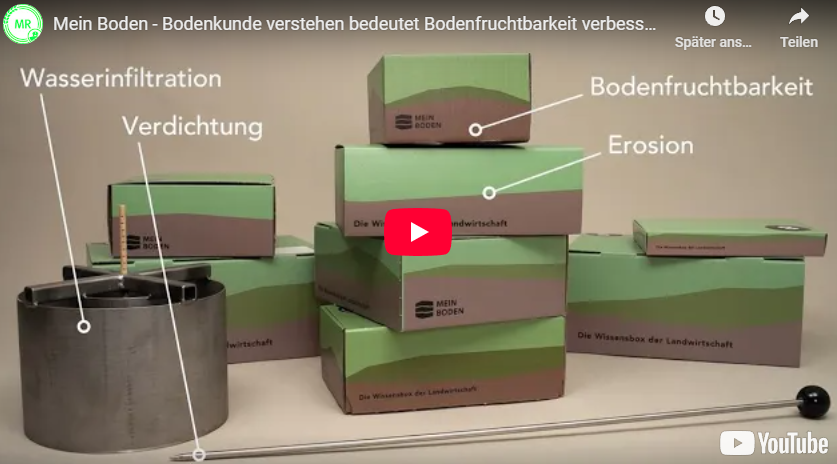 Screenshot eines YouTube-Videos von 'Mein Boden' über Bodenkunde mit beschrifteten Begriffen wie Wasserinfiltration, Verdichtung, Bodenfruchtbarkeit und Erosion auf Stapeln von grünen Boxen